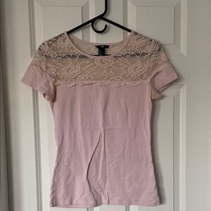 H&M Pink Lace Trim Short Sleeve Top